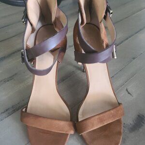Joe's Jeans Women's Size 8 Stiletto Open Toe 4 Inch Heel Brown Strap Buckle Zip